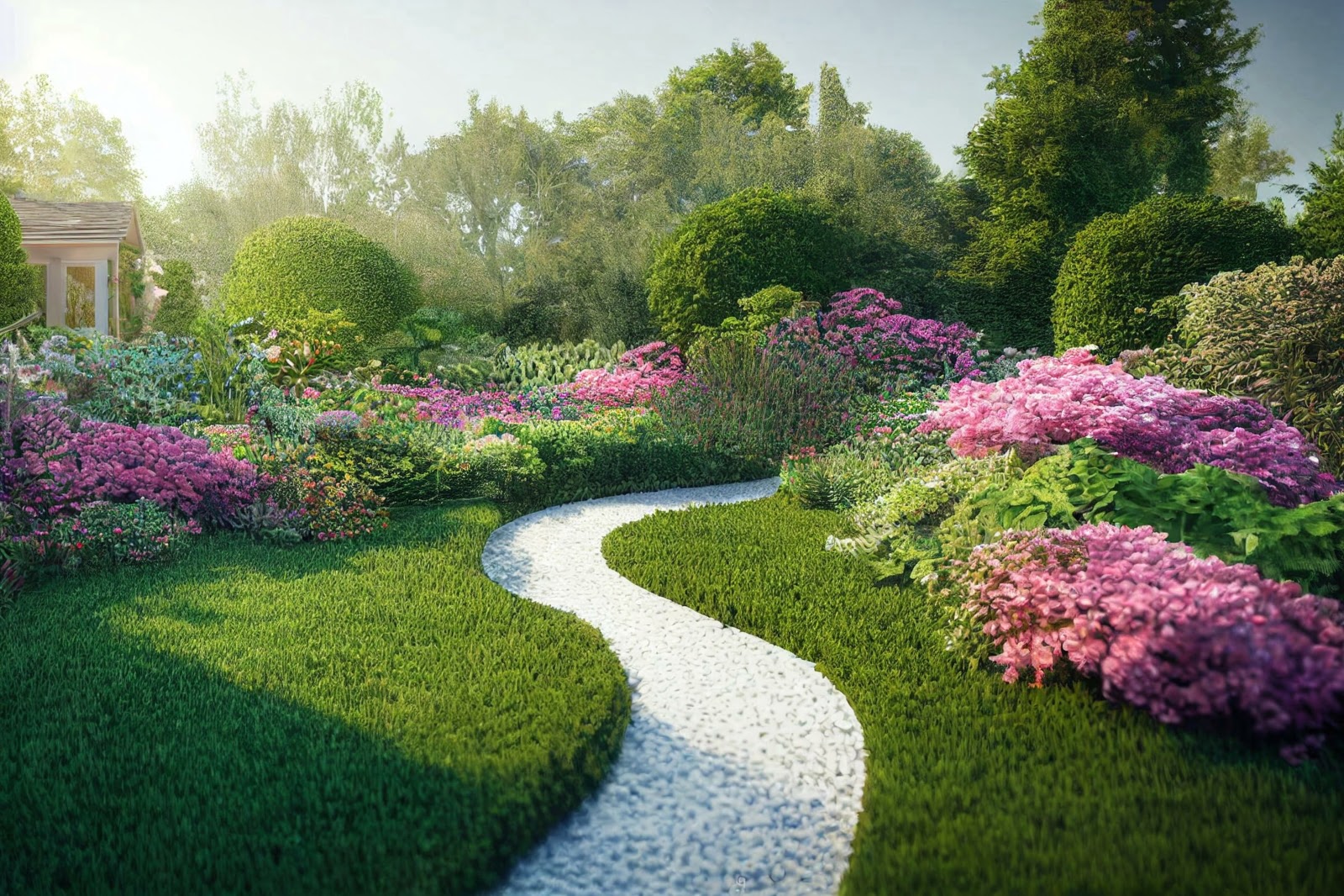 A 3d rendered garden with a pathway going through